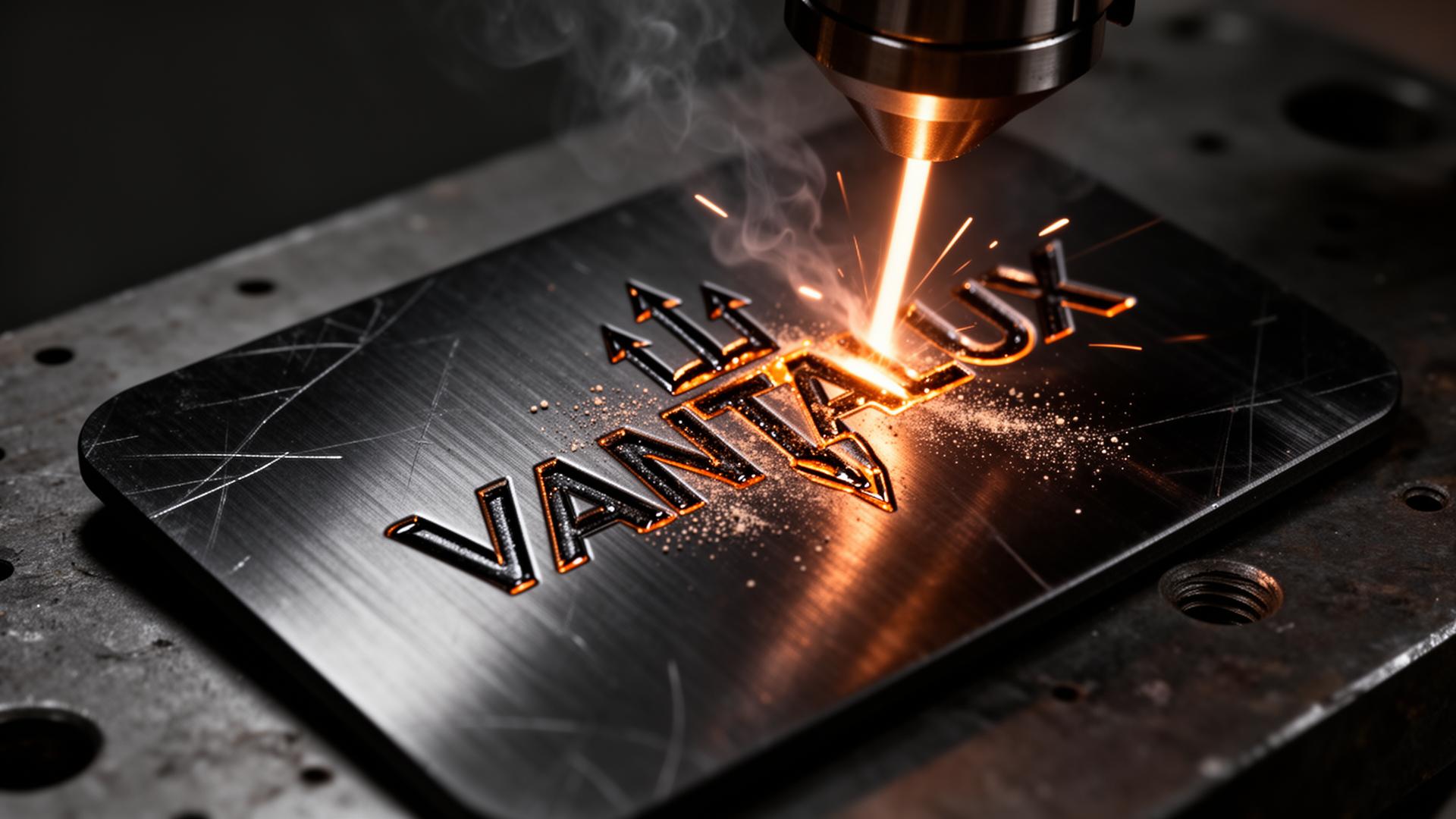 A heavy black metal VANTALUX business card being laser engraved inside a dark industrial studio with sparks and smoke